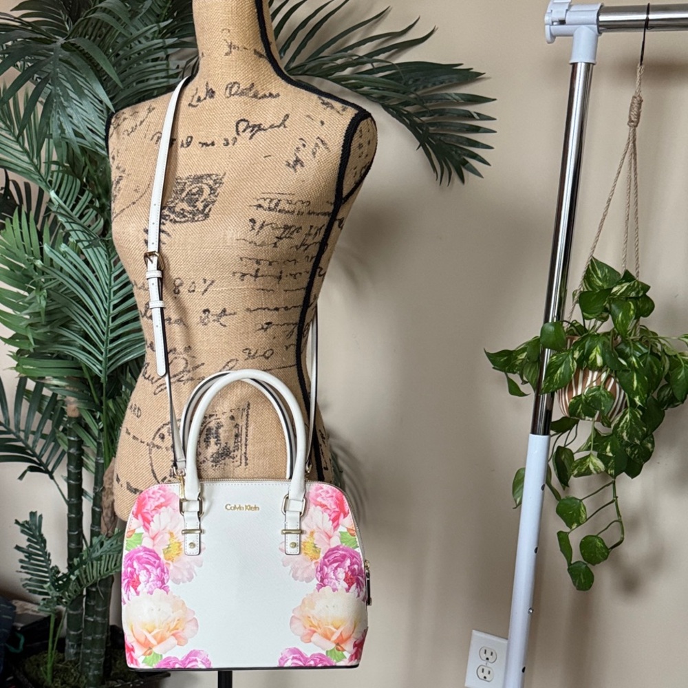 Calvin Klein White Floral Dome Crossbody Satchel with Pink & Peach Blooms
